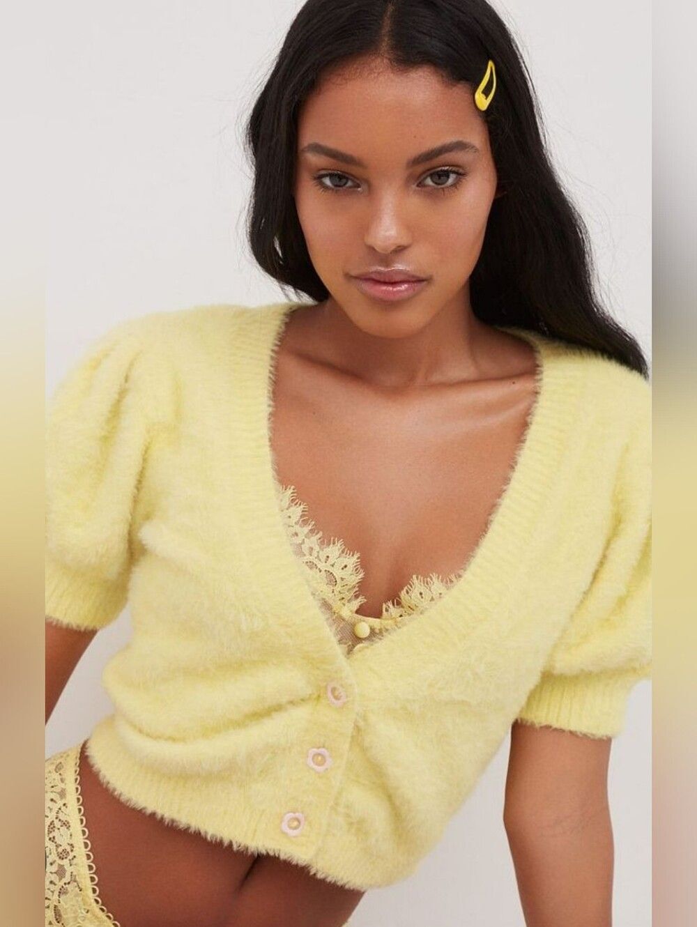 For Love And Lemons Soft Yellow Fuzzy Cropped Cardigan Nwot M